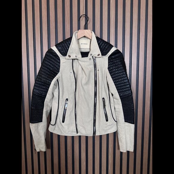 Blank NYC Moto Jacket Small Womens Beige Black Leather Linen Blend Biker - Picture 1 of 11